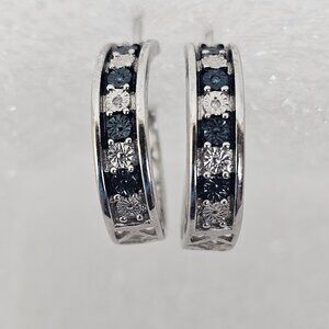 JWBR Sterling Silver 925 Genuine Blue White Diamond Accent‎ Small Hoop Earrings
